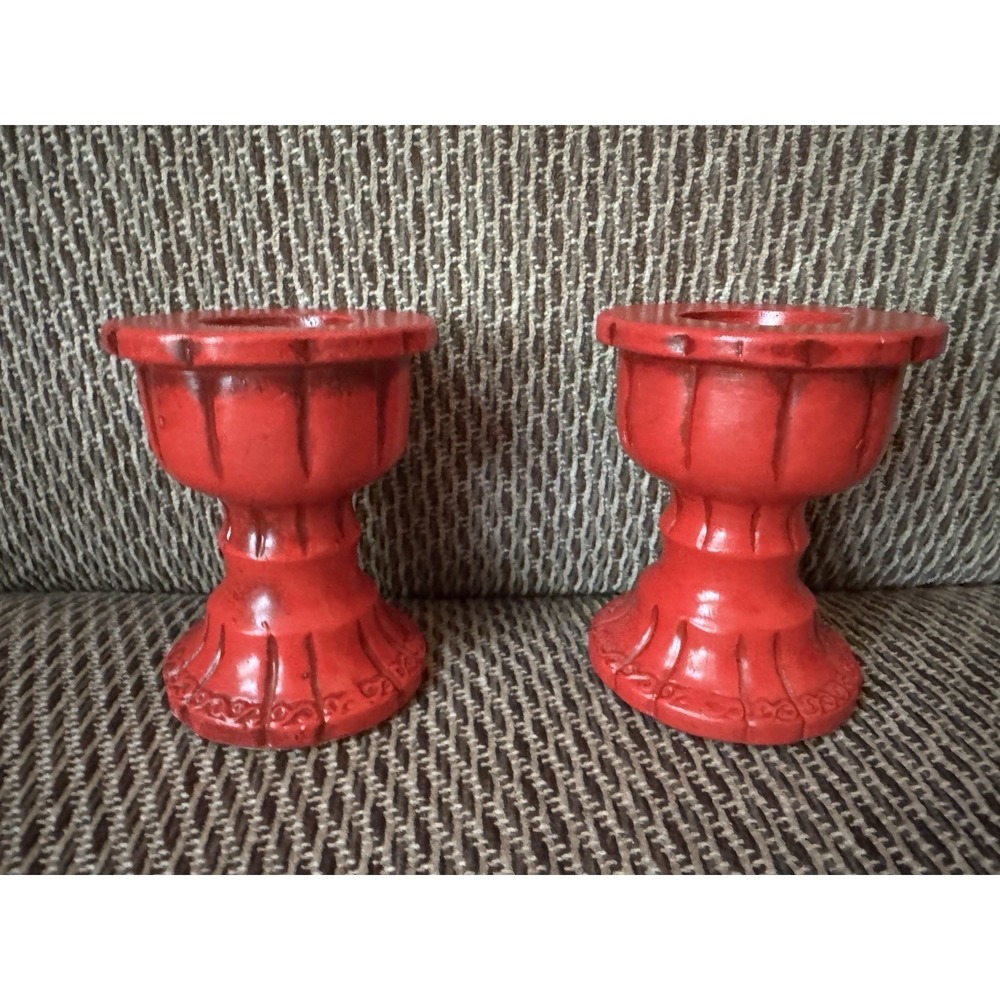 Vintage Pair Red Ceramic Candle Holders Mid Century Modern Japan Boho Decor